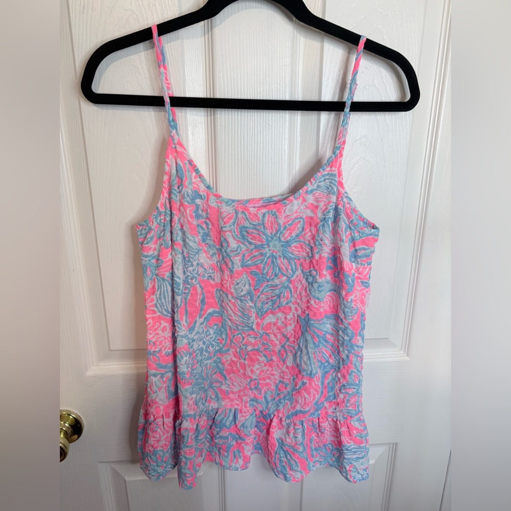 Lilly Pulitzer Peplum Tank Top M | Pink Sun Ray Summer Siren | Ruffle Hem - Picture 3 of 8